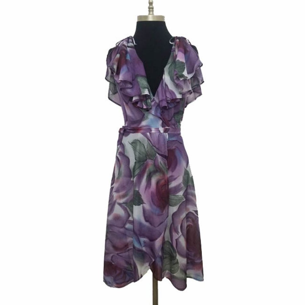 VTG 70s Abstract Floral Print Sheer Wrap Dress XS